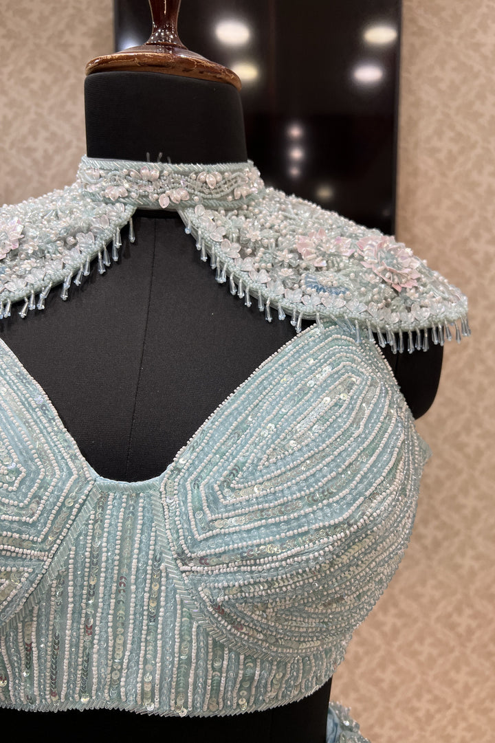 Sky Blue Beads, Sequins and Pearl work with Poncho Crop Top Lehenga