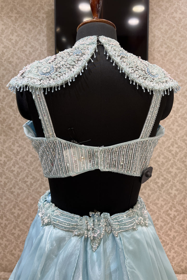 Sky Blue Beads, Sequins and Pearl work with Poncho Crop Top Lehenga