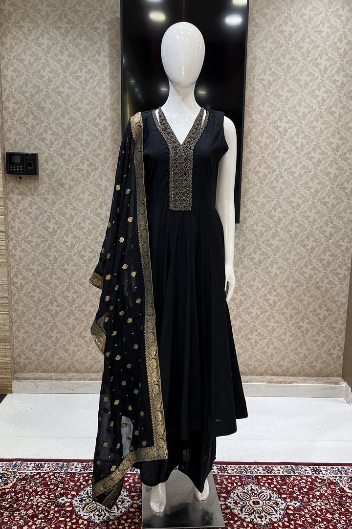 Black Zari and Stone work Anarkali Style Salwar Suit with Palazzo Pant