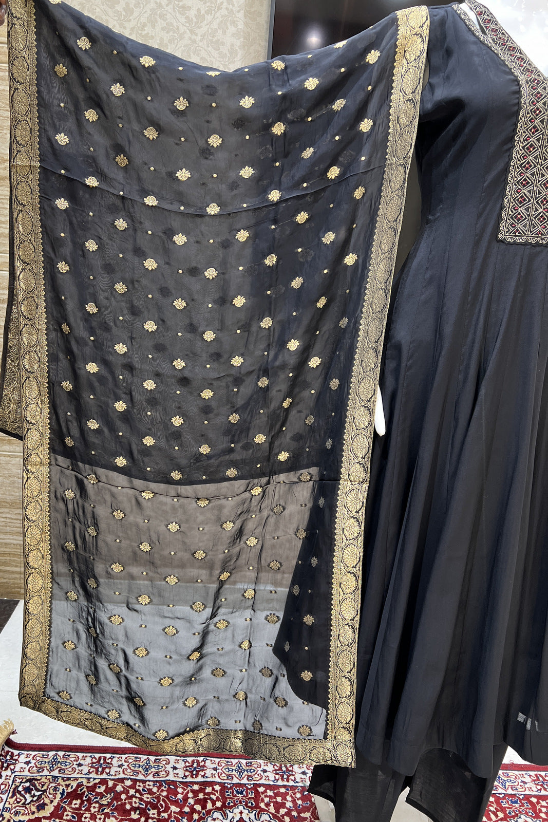 Black Zari and Stone work Anarkali Style Salwar Suit with Palazzo Pant