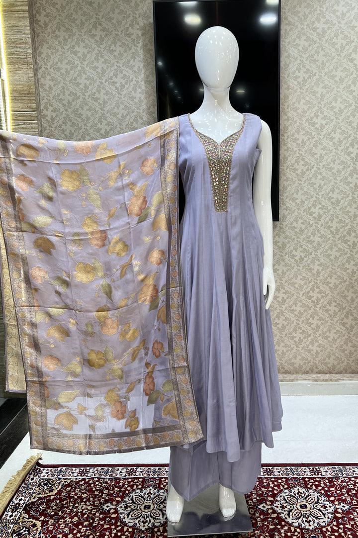 Lavender Mirror, Beads, Stone and Zari work Anarkali Style Salwar Suit with Palazzo Pant