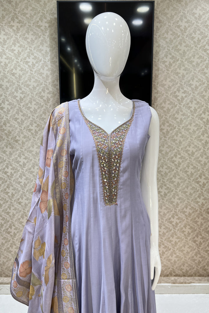 Lavender Mirror, Beads, Stone and Zari work Anarkali Style Salwar Suit with Palazzo Pant