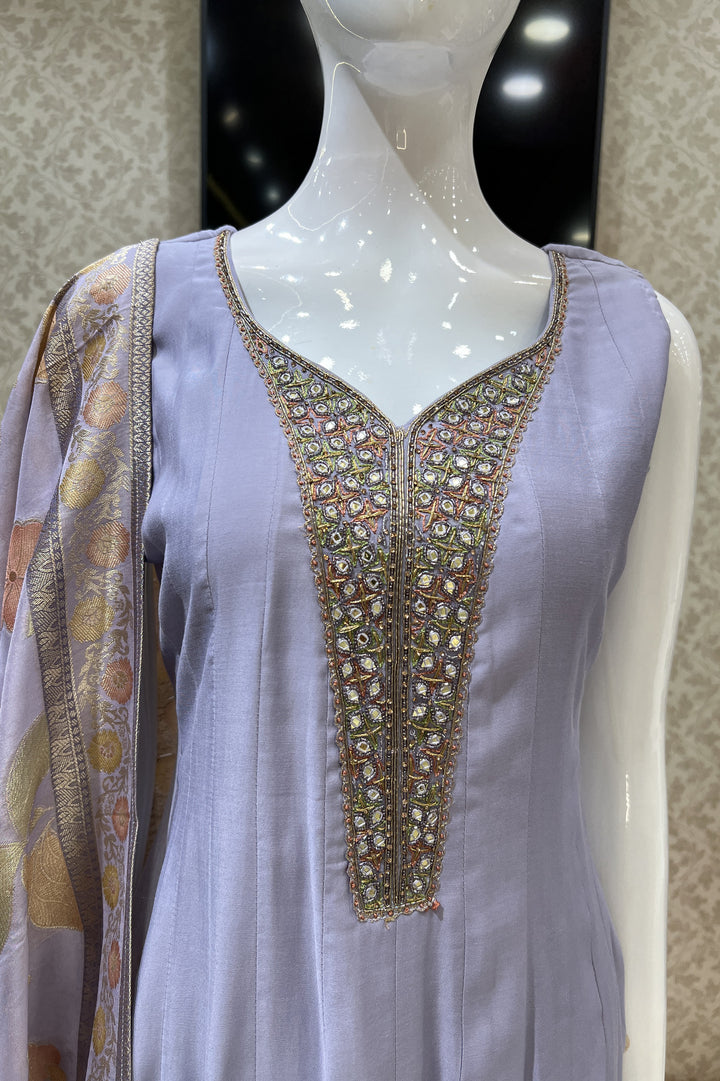 Lavender Mirror, Beads, Stone and Zari work Anarkali Style Salwar Suit with Palazzo Pant