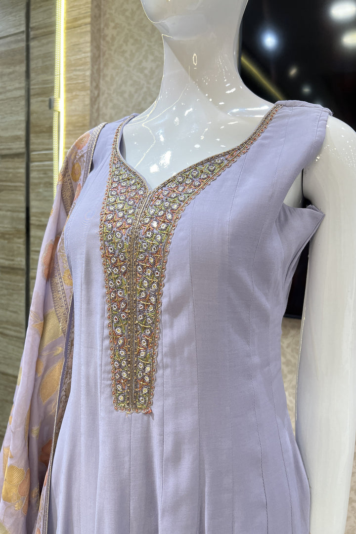 Lavender Mirror, Beads, Stone and Zari work Anarkali Style Salwar Suit with Palazzo Pant