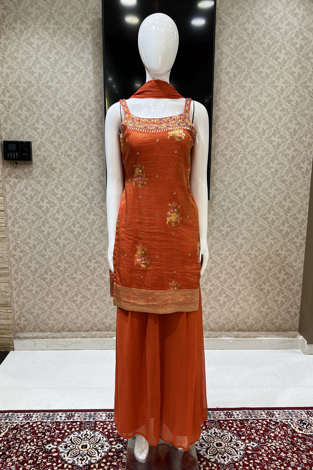 Orange Mirror, Sequins, Stone and Banaras work Palazzo Salwar Suit