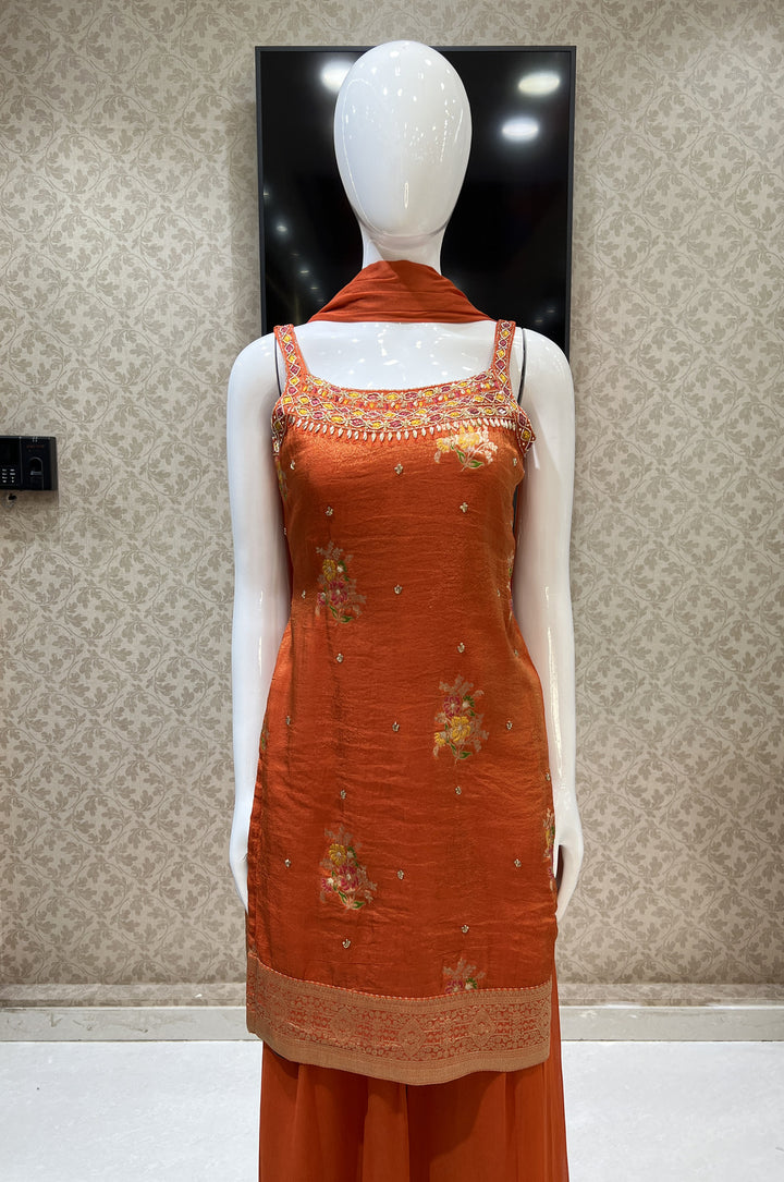 Orange Mirror, Sequins, Stone and Banaras work Palazzo Salwar Suit