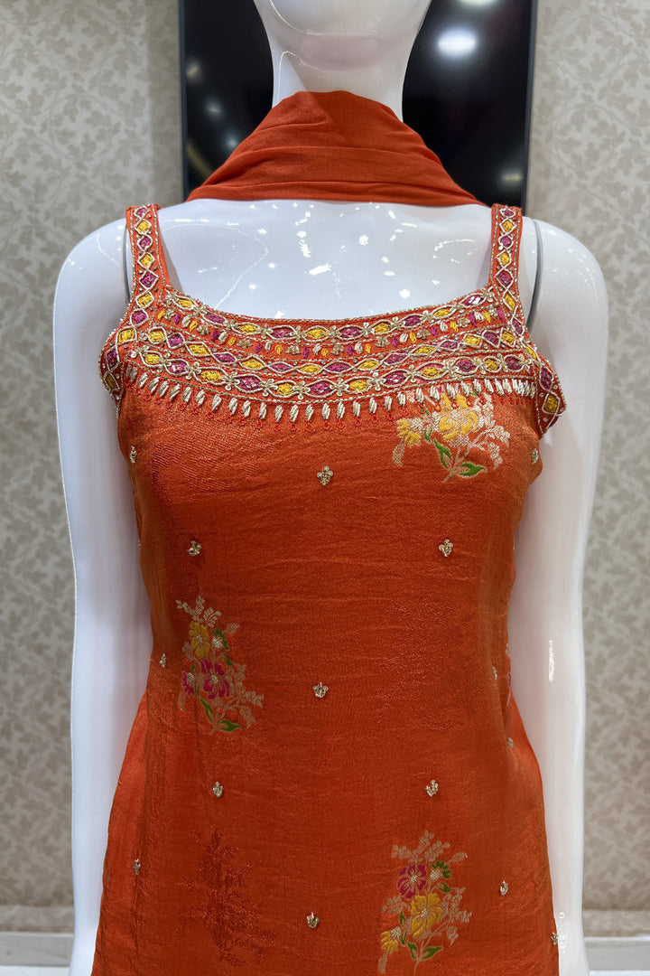 Orange Mirror, Sequins, Stone and Banaras work Palazzo Salwar Suit