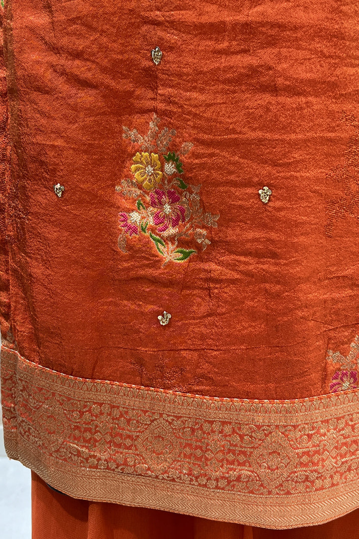 Orange Mirror, Sequins, Stone and Banaras work Palazzo Salwar Suit