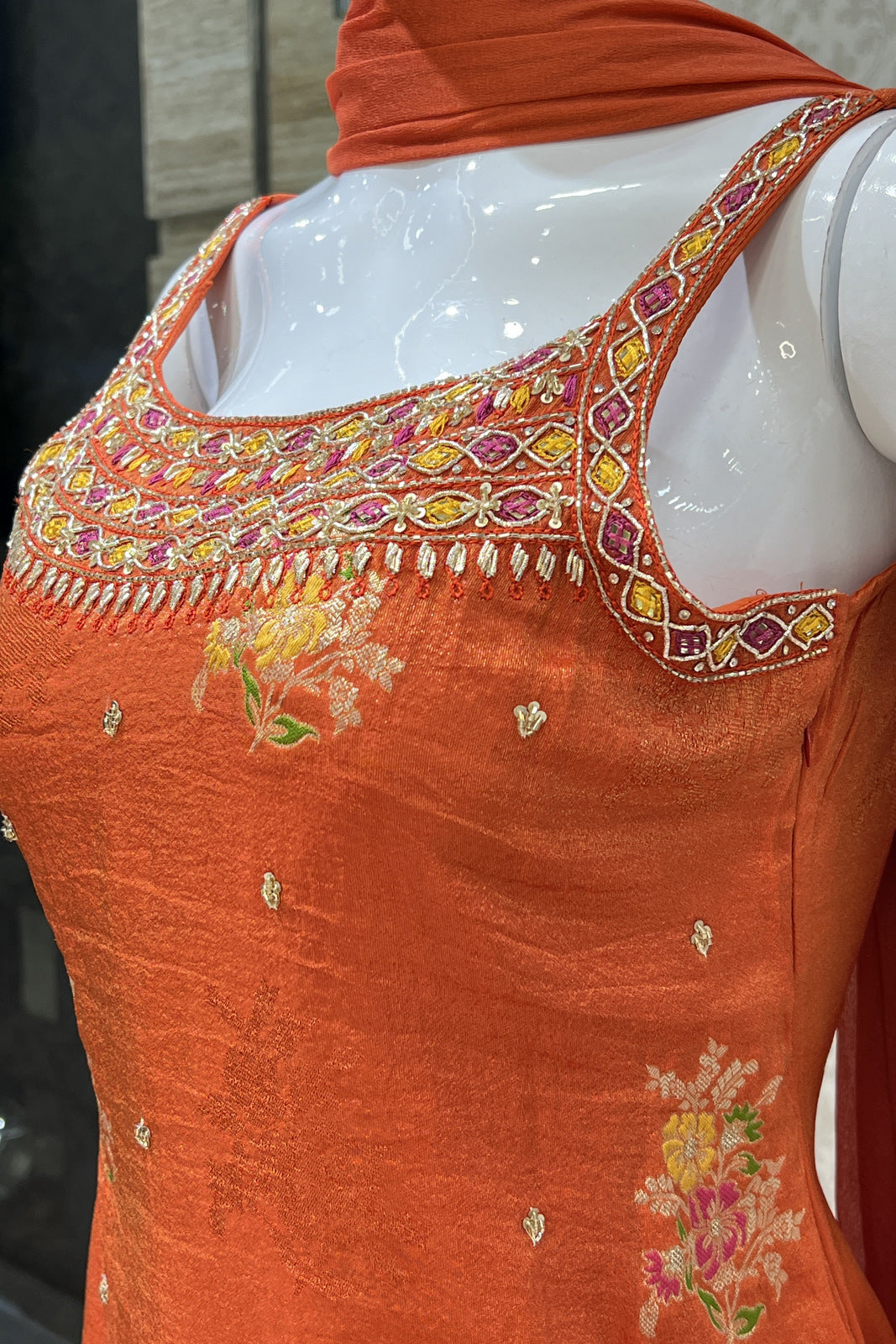 Orange Mirror, Sequins, Stone and Banaras work Palazzo Salwar Suit