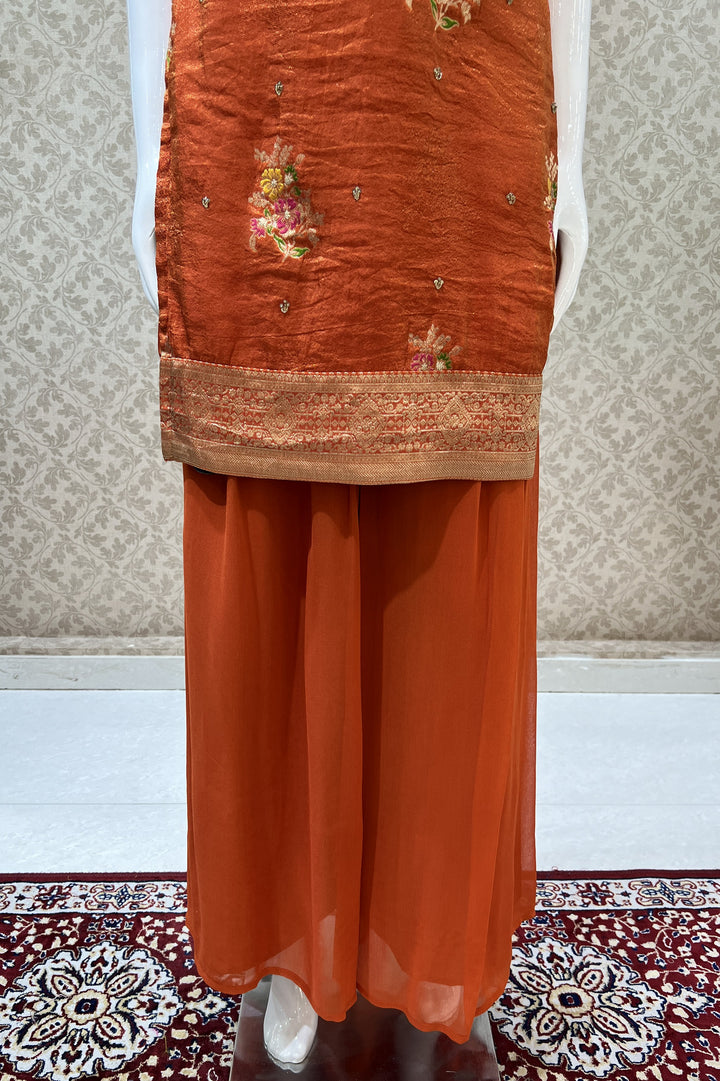 Orange Mirror, Sequins, Stone and Banaras work Palazzo Salwar Suit