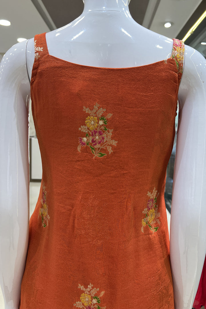 Orange Mirror, Sequins, Stone and Banaras work Palazzo Salwar Suit