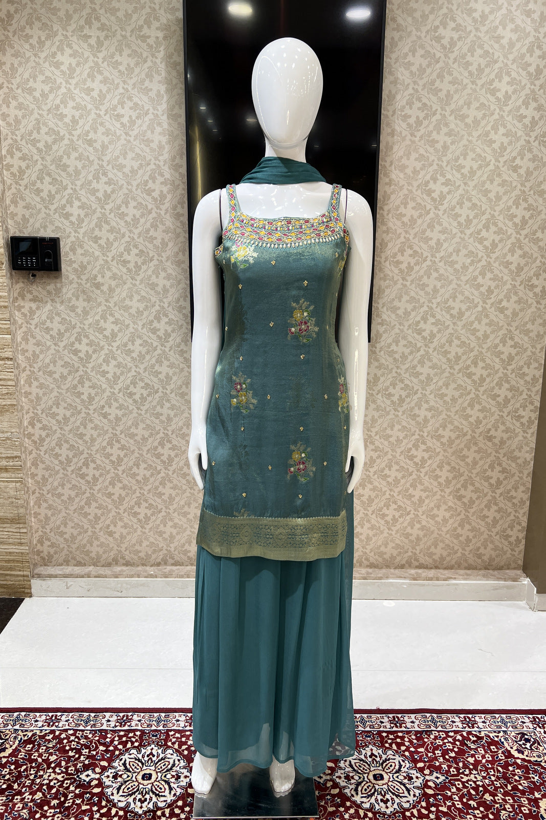 Sea Blue Mirror, Sequins, Stone and Banaras work Palazzo Salwar Suit