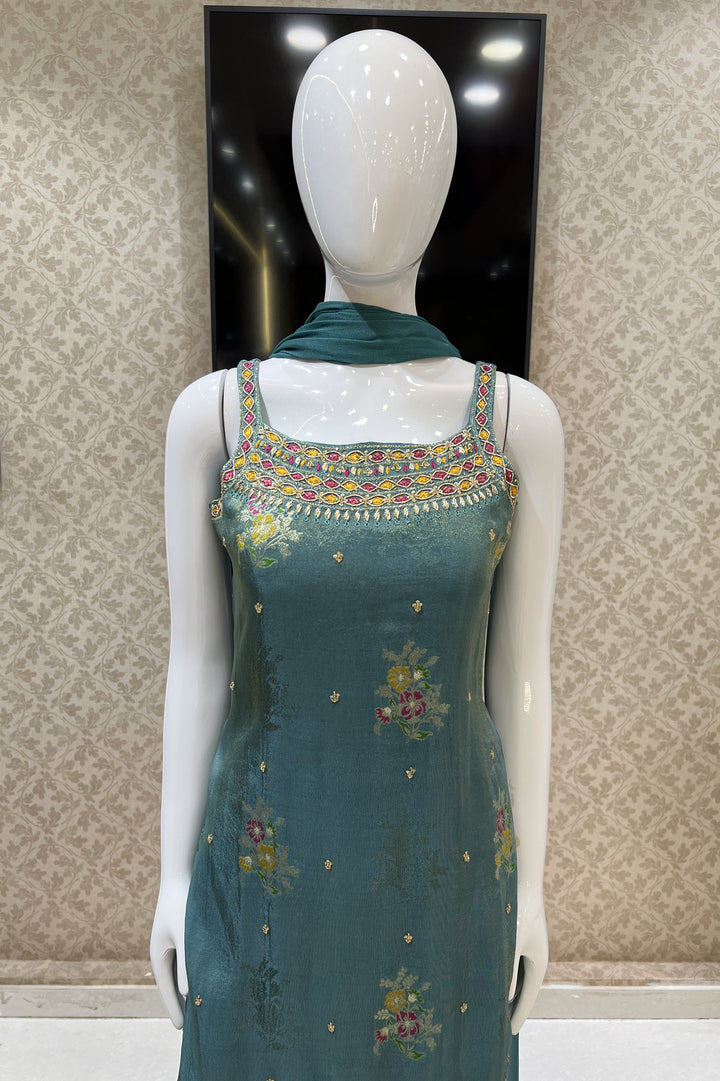 Sea Blue Mirror, Sequins, Stone and Banaras work Palazzo Salwar Suit