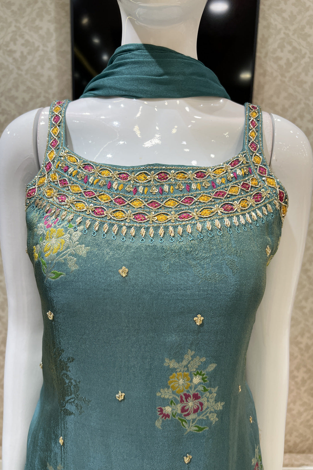 Sea Blue Mirror, Sequins, Stone and Banaras work Palazzo Salwar Suit