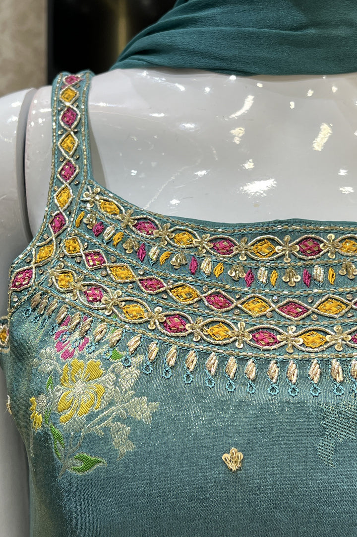 Sea Blue Mirror, Sequins, Stone and Banaras work Palazzo Salwar Suit