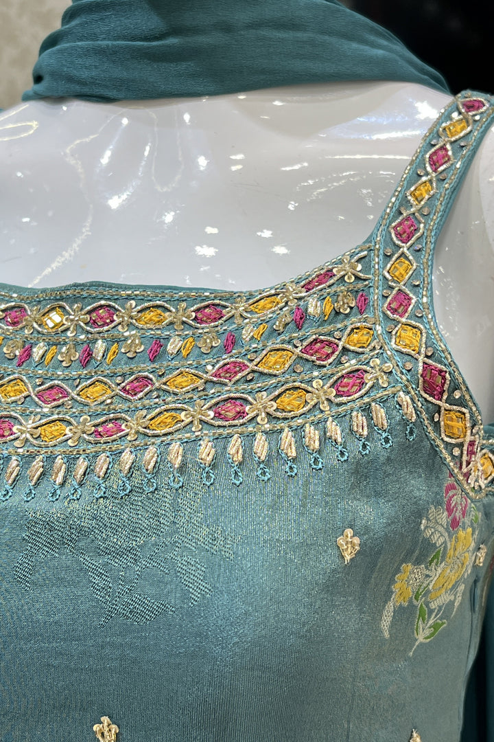 Sea Blue Mirror, Sequins, Stone and Banaras work Palazzo Salwar Suit