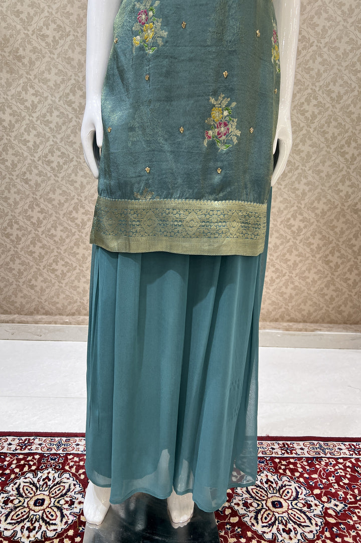 Sea Blue Mirror, Sequins, Stone and Banaras work Palazzo Salwar Suit