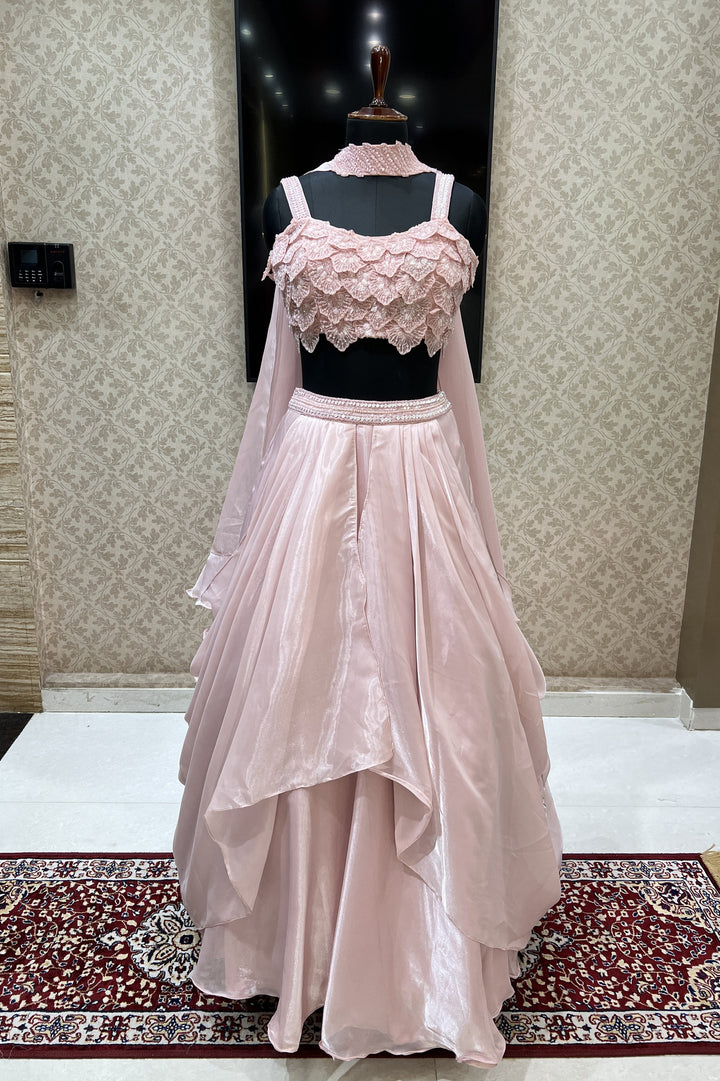 Baby Pink Beads and Sequins work Crop Top Lehenga