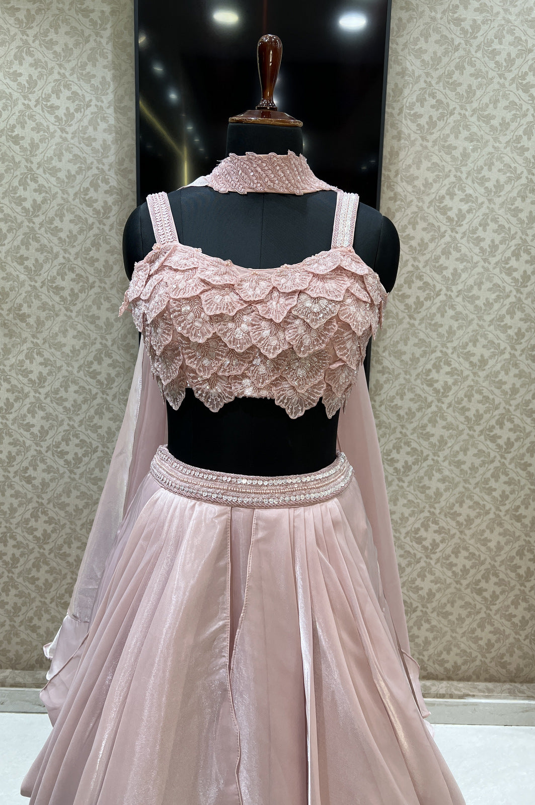 Baby Pink Beads and Sequins work Crop Top Lehenga