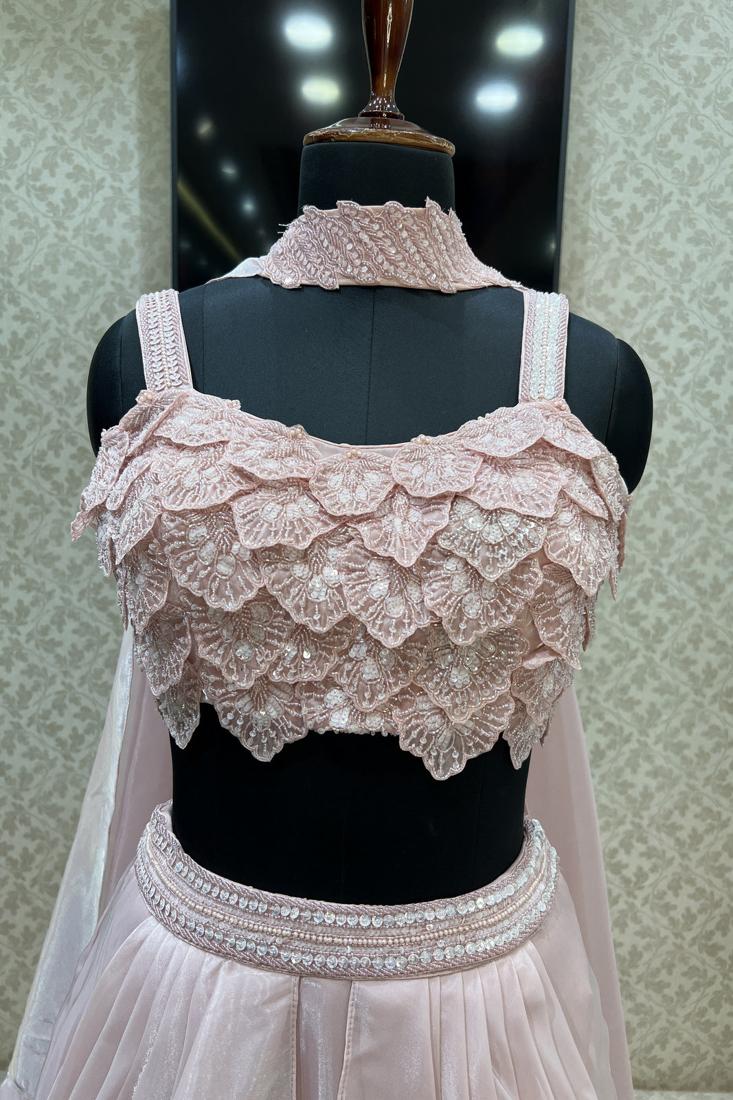 Baby Pink Beads and Sequins work Crop Top Lehenga