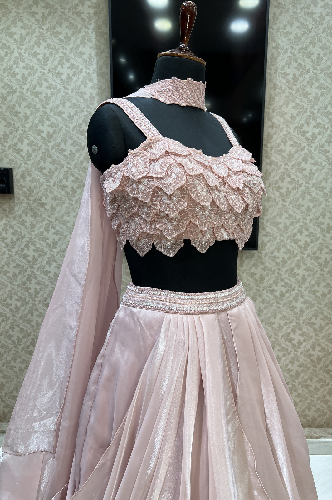 Baby Pink Beads and Sequins work Crop Top Lehenga