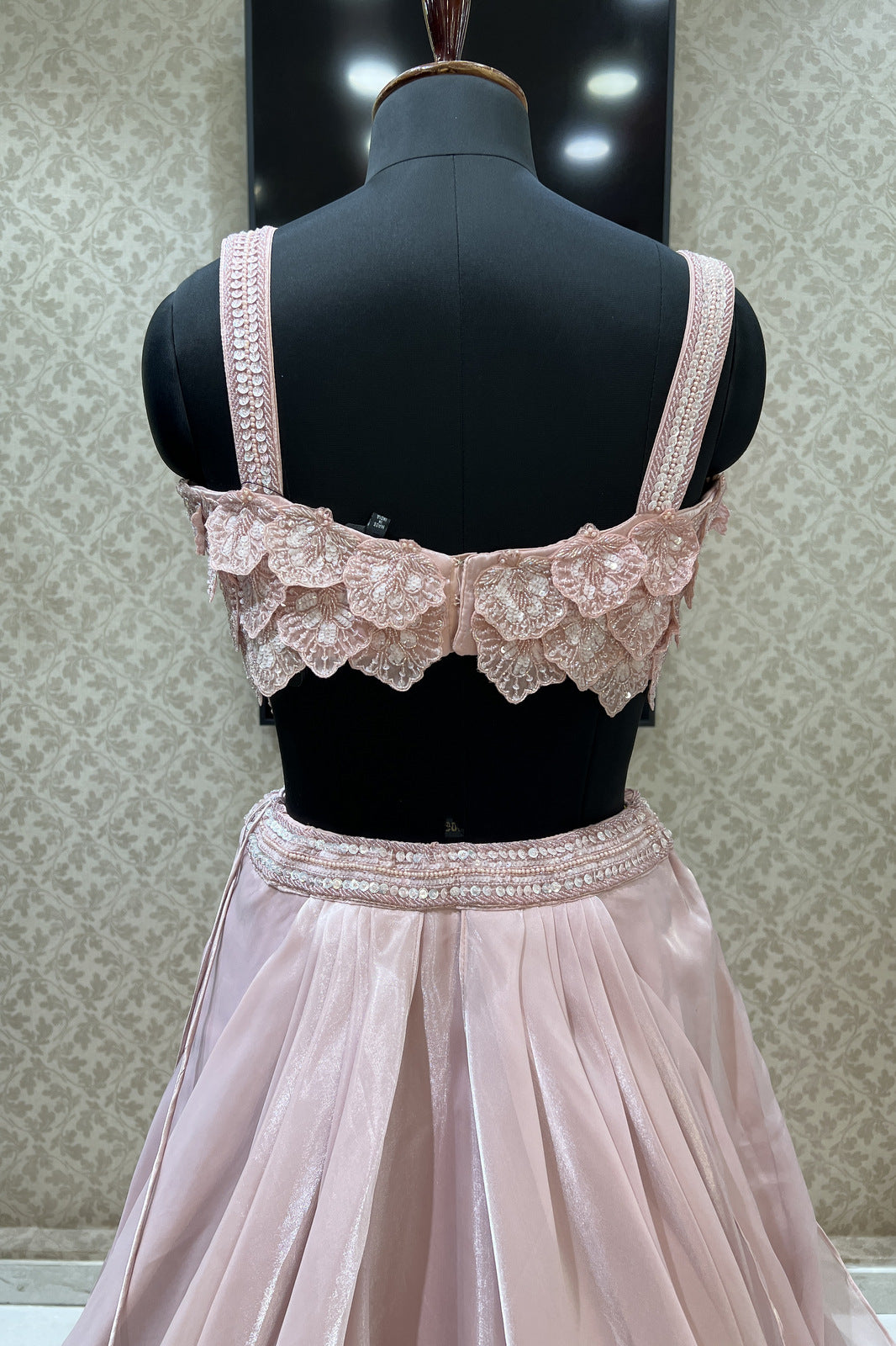 Baby Pink Beads and Sequins work Crop Top Lehenga