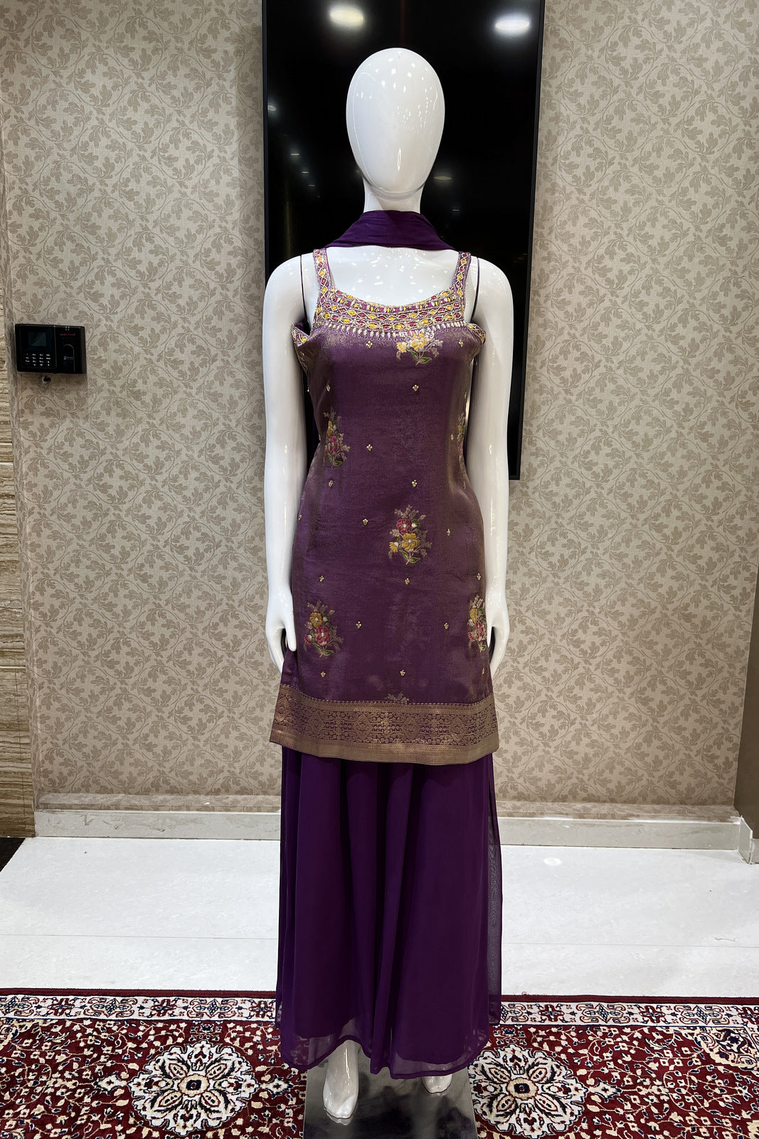 Purple Mirror, Sequins, Stone and Banaras work Palazzo Salwar Suit