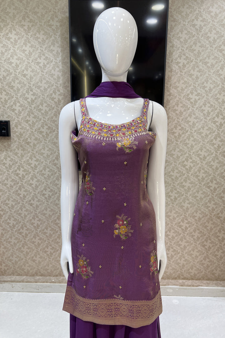 Purple Mirror, Sequins, Stone and Banaras work Palazzo Salwar Suit