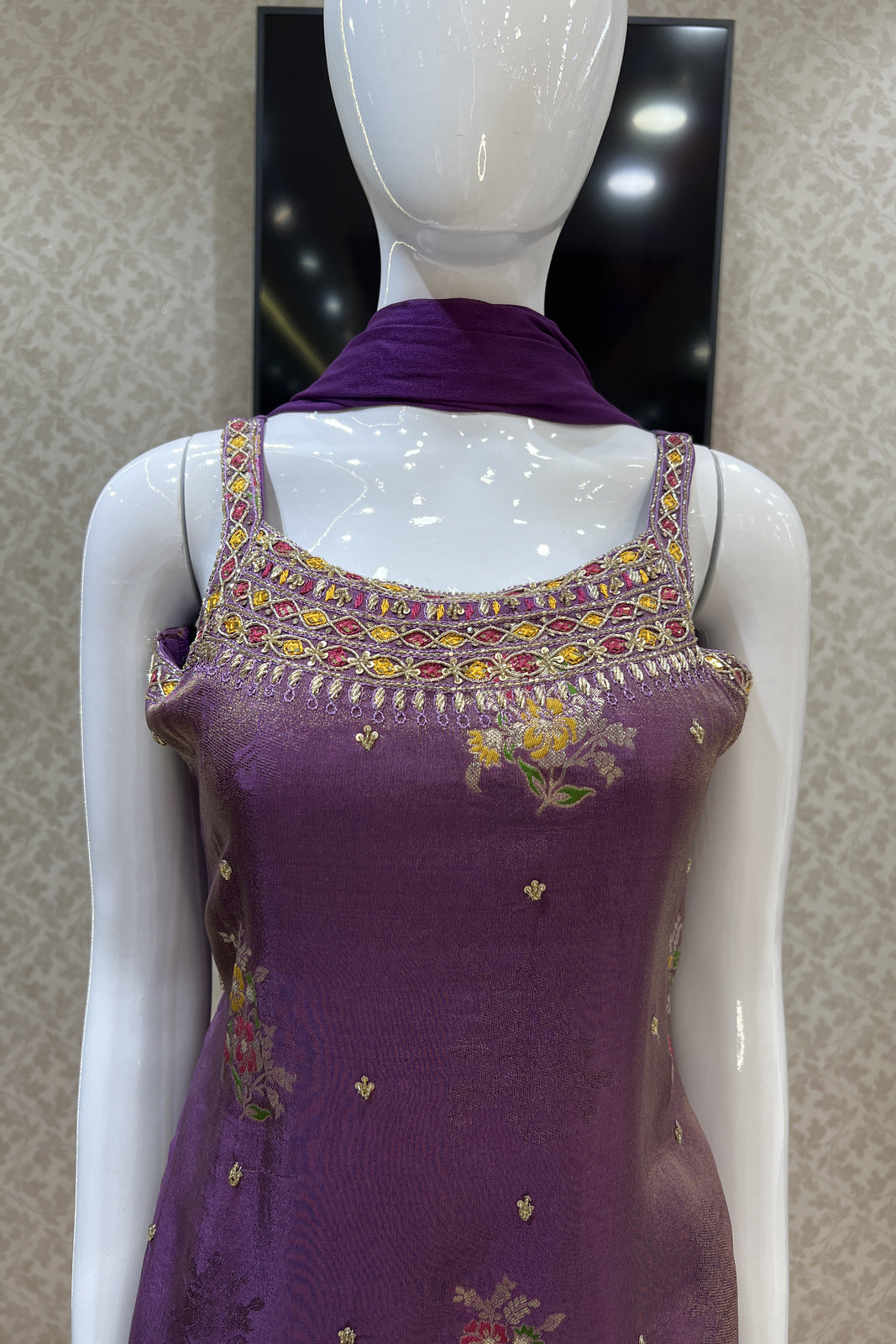 Purple Mirror, Sequins, Stone and Banaras work Palazzo Salwar Suit