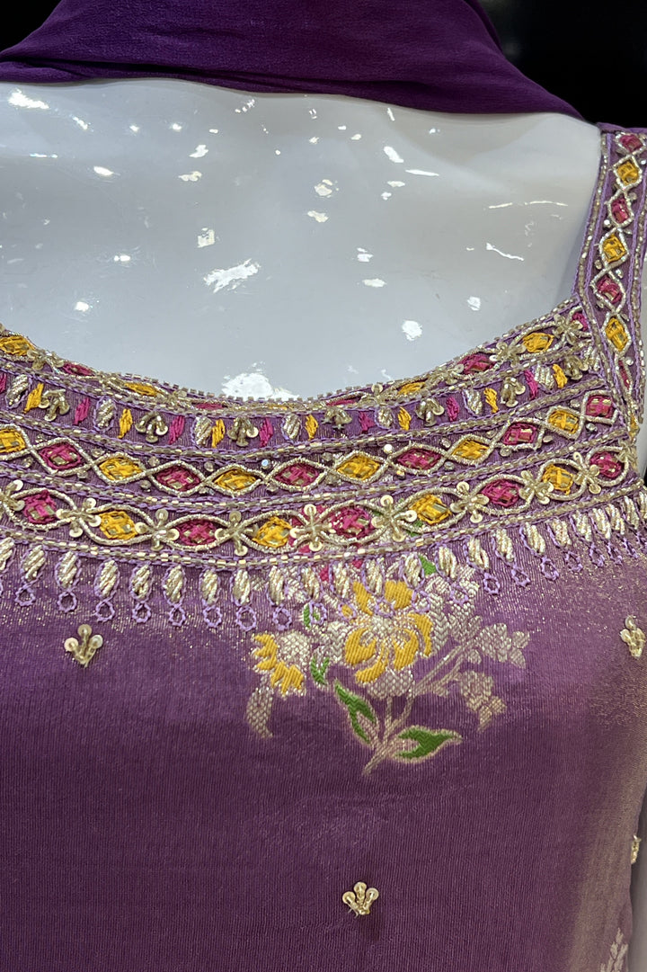 Purple Mirror, Sequins, Stone and Banaras work Palazzo Salwar Suit