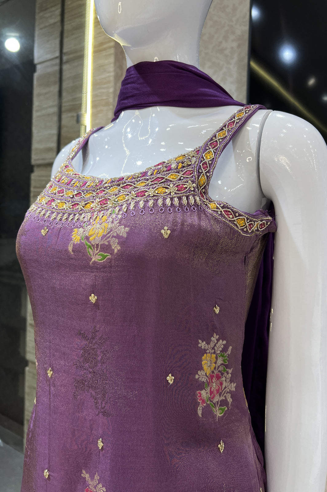 Purple Mirror, Sequins, Stone and Banaras work Palazzo Salwar Suit