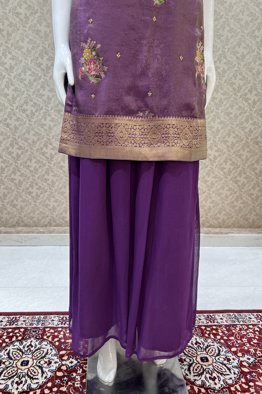 Purple Mirror, Sequins, Stone and Banaras work Palazzo Salwar Suit