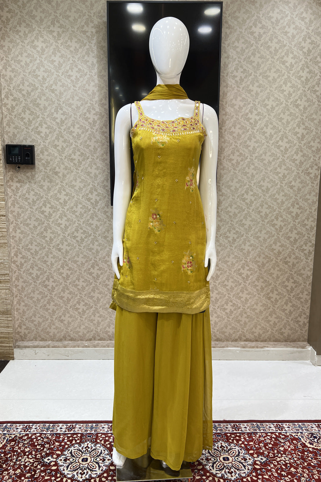 Mustard Mirror, Sequins, Stone and Banaras work Palazzo Salwar Suit