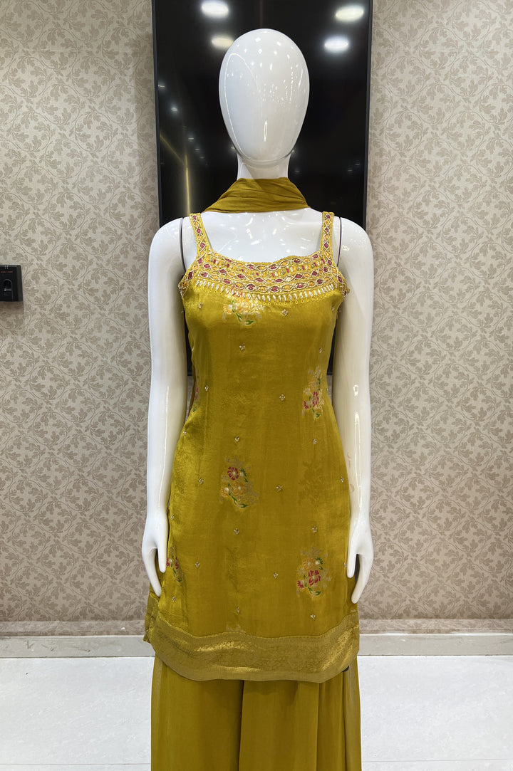 Mustard Mirror, Sequins, Stone and Banaras work Palazzo Salwar Suit