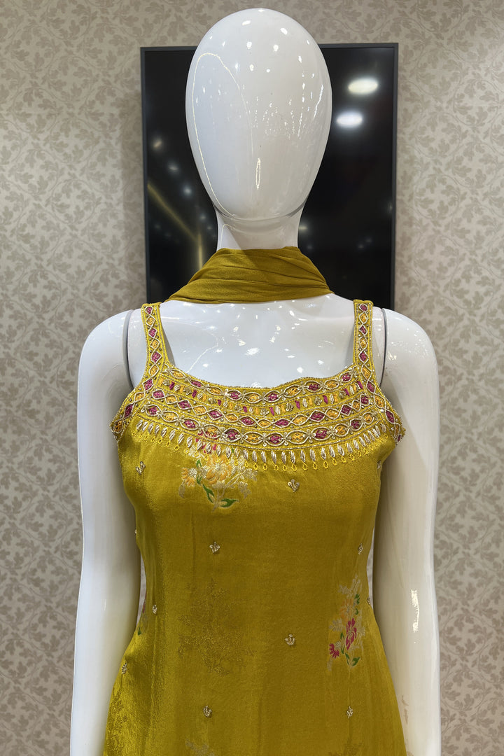 Mustard Mirror, Sequins, Stone and Banaras work Palazzo Salwar Suit