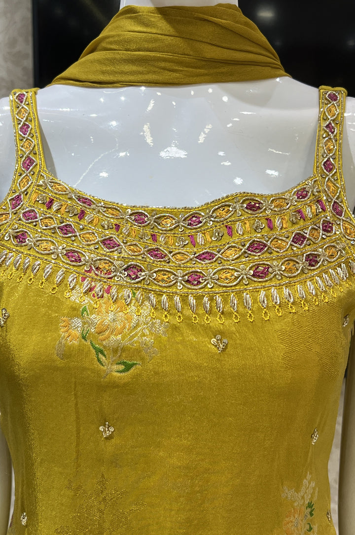 Mustard Mirror, Sequins, Stone and Banaras work Palazzo Salwar Suit