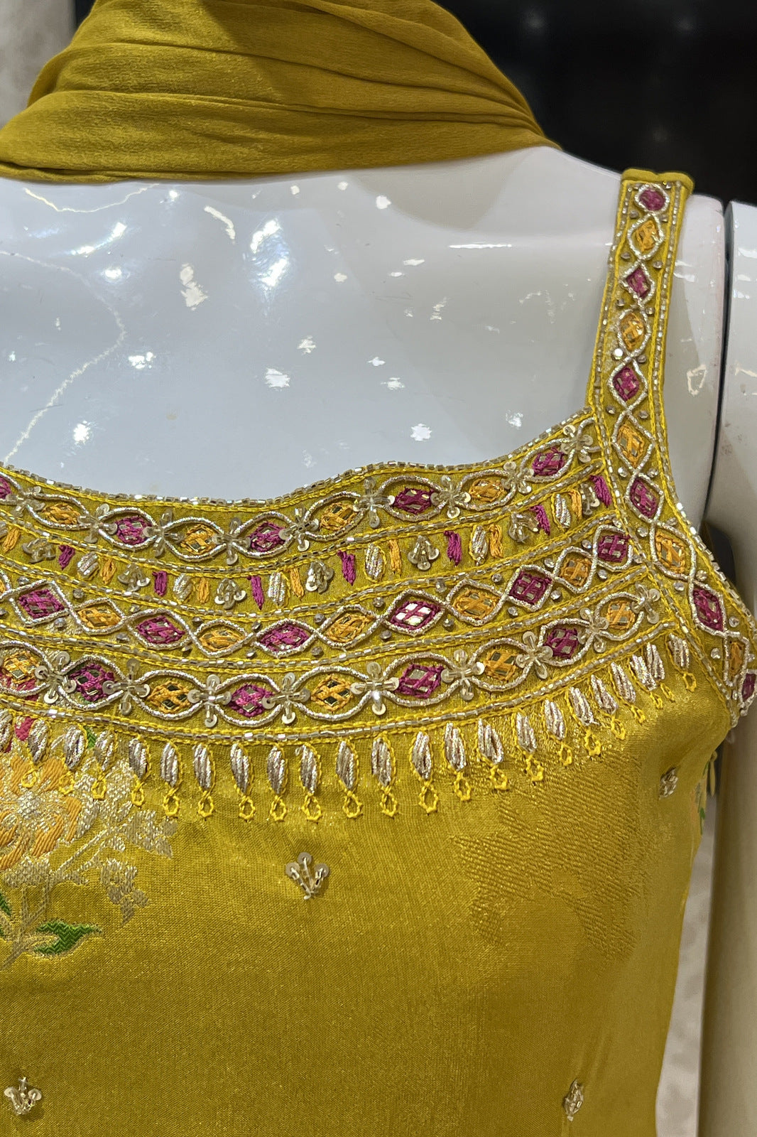 Mustard Mirror, Sequins, Stone and Banaras work Palazzo Salwar Suit