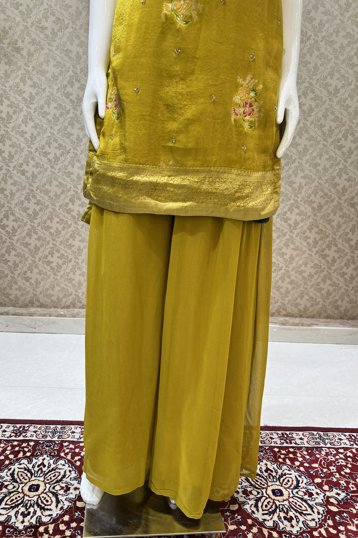 Mustard Mirror, Sequins, Stone and Banaras work Palazzo Salwar Suit