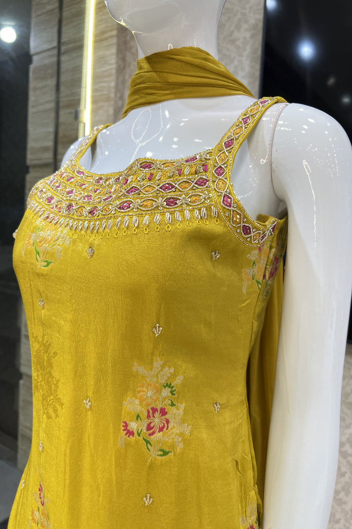 Mustard Mirror, Sequins, Stone and Banaras work Palazzo Salwar Suit