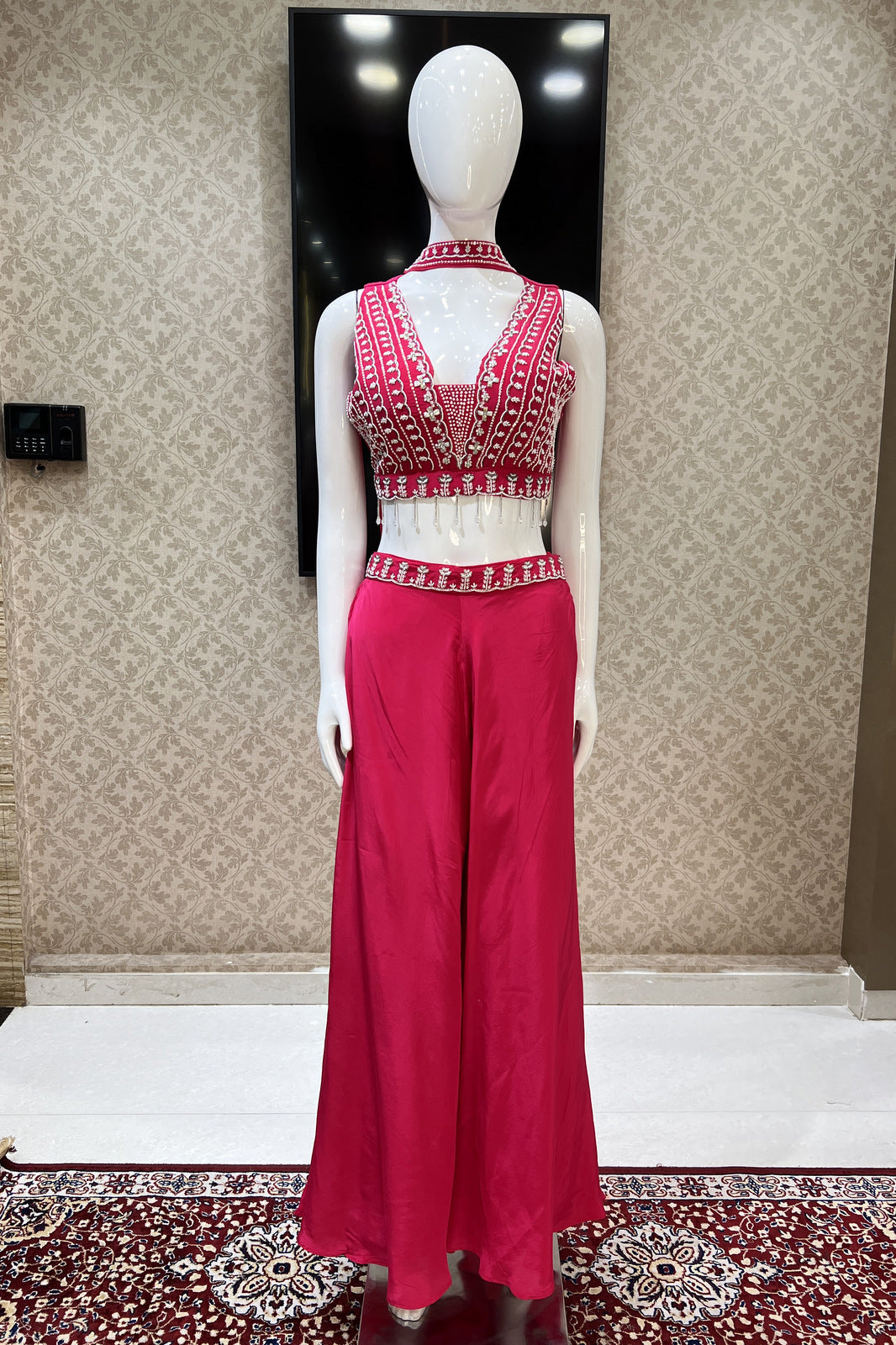 Rani Pink Beads, Zardozi and Sequins work Crop Top with Palazzo Pant