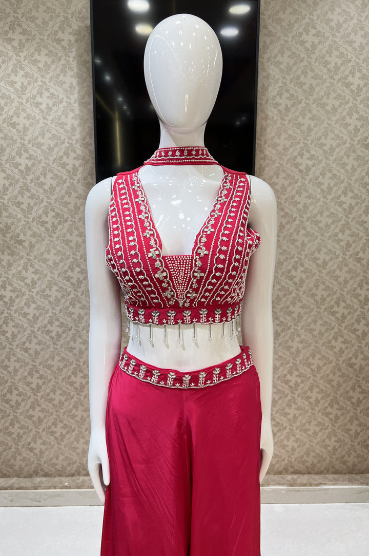 Rani Pink Beads, Zardozi and Sequins work Crop Top with Palazzo Pant