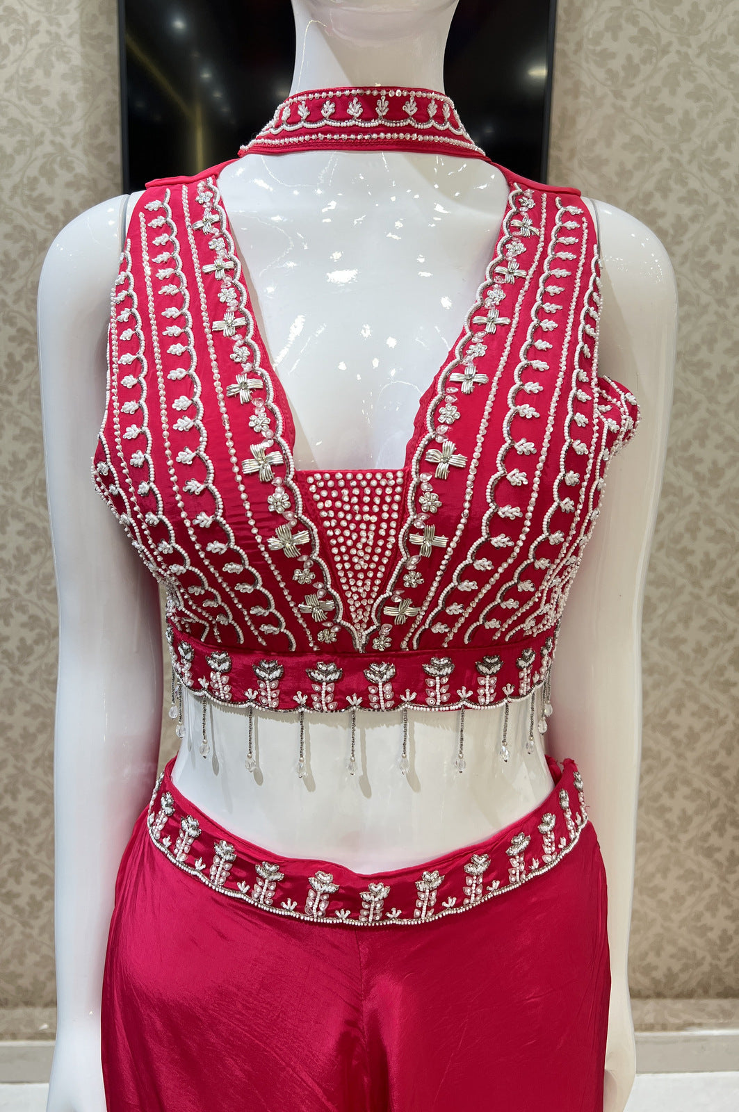 Rani Pink Beads, Zardozi and Sequins work Crop Top with Palazzo Pant