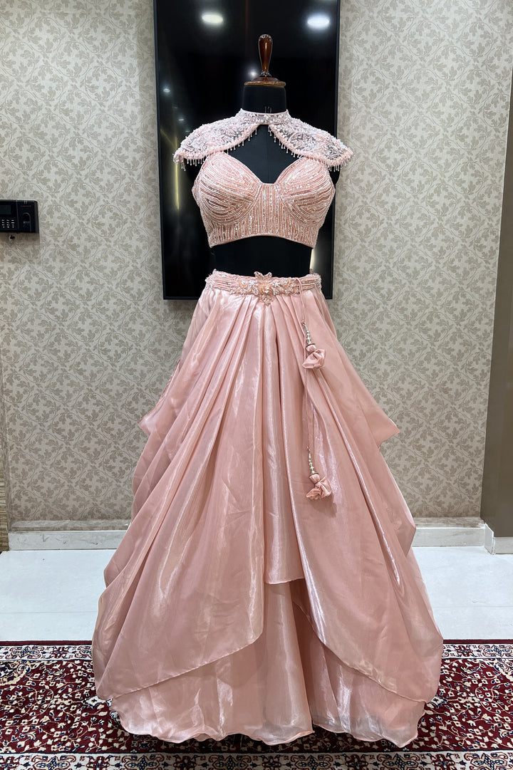 Peach Beads, Sequins and Pearl work with Poncho Crop Top Lehenga