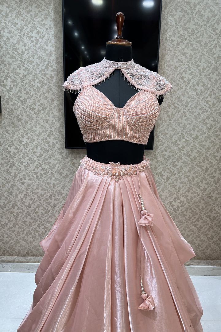 Peach Beads, Sequins and Pearl work with Poncho Crop Top Lehenga