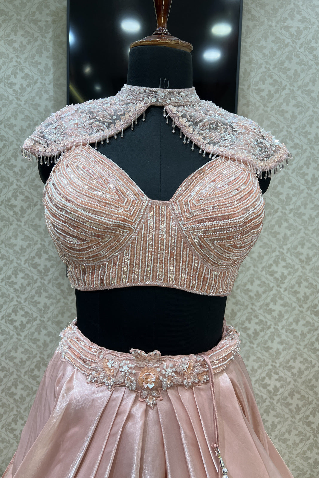 Peach Beads, Sequins and Pearl work with Poncho Crop Top Lehenga