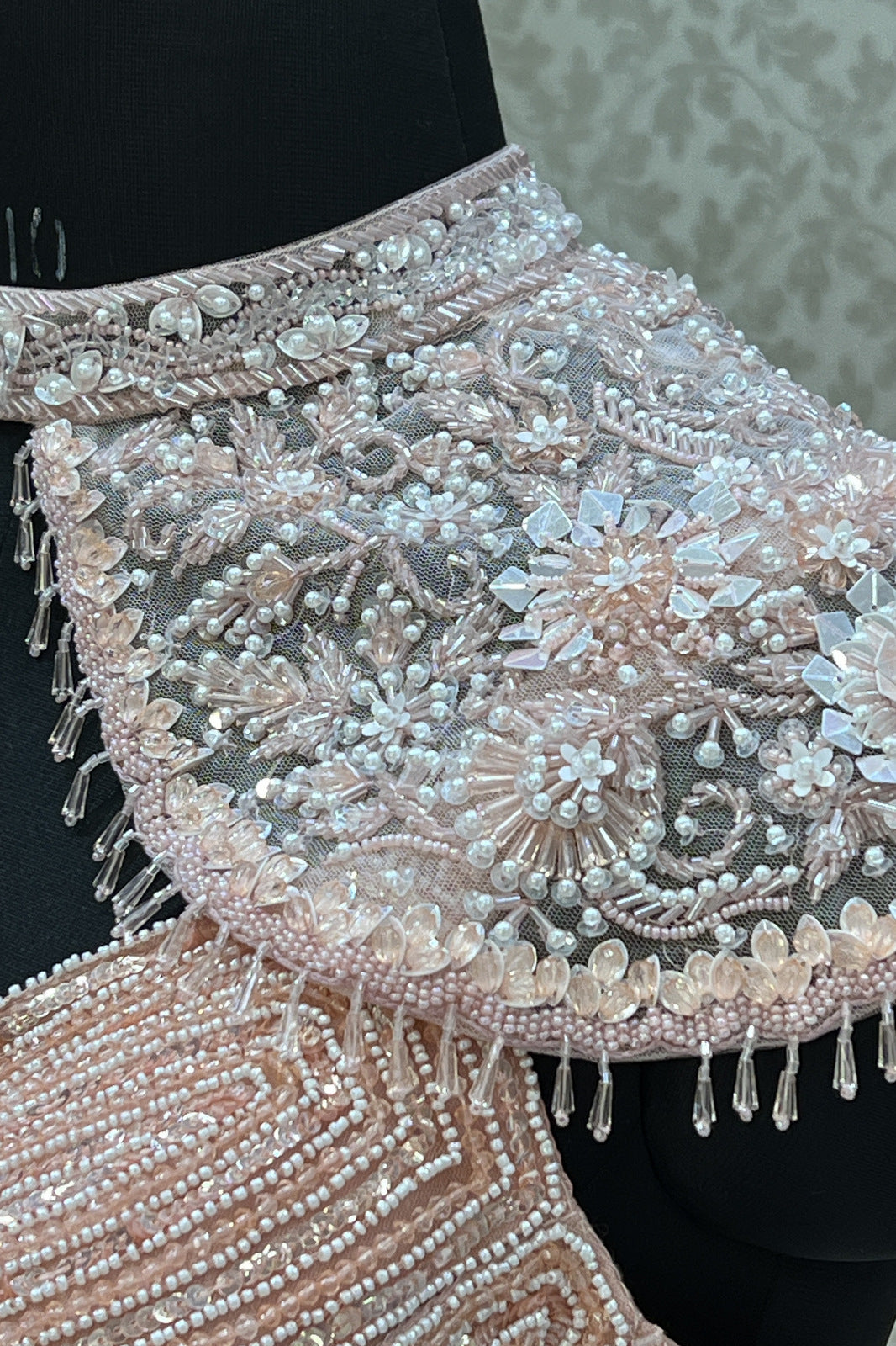 Peach Beads, Sequins and Pearl work with Poncho Crop Top Lehenga