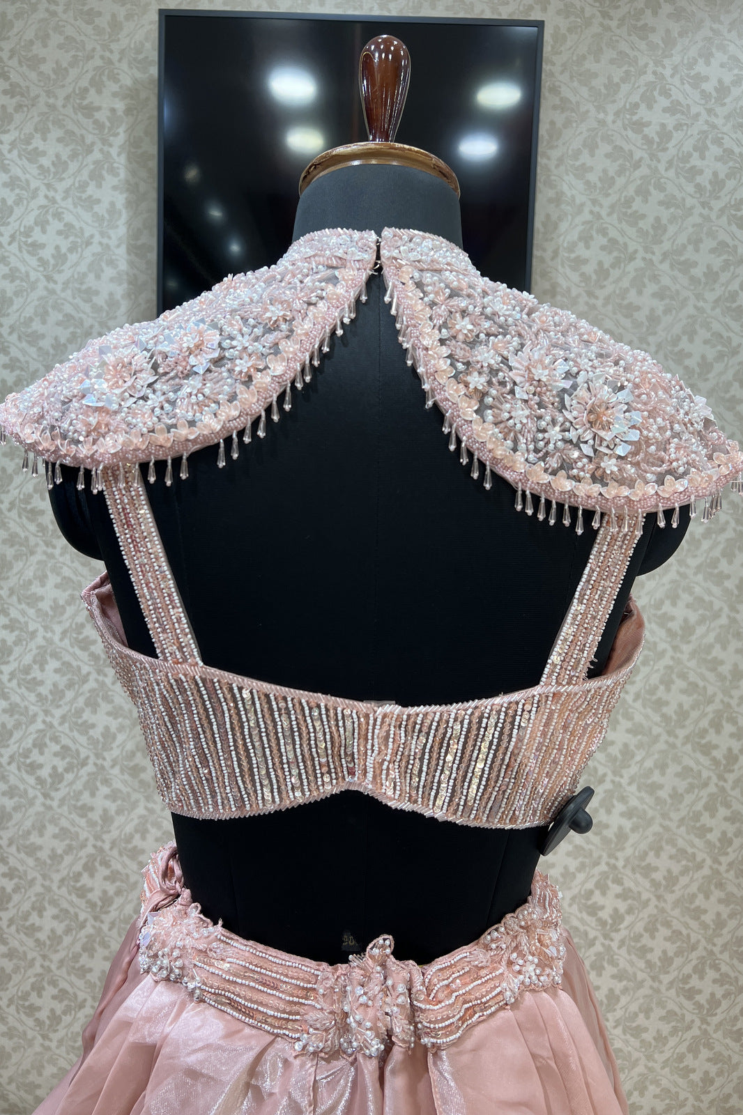 Peach Beads, Sequins and Pearl work with Poncho Crop Top Lehenga