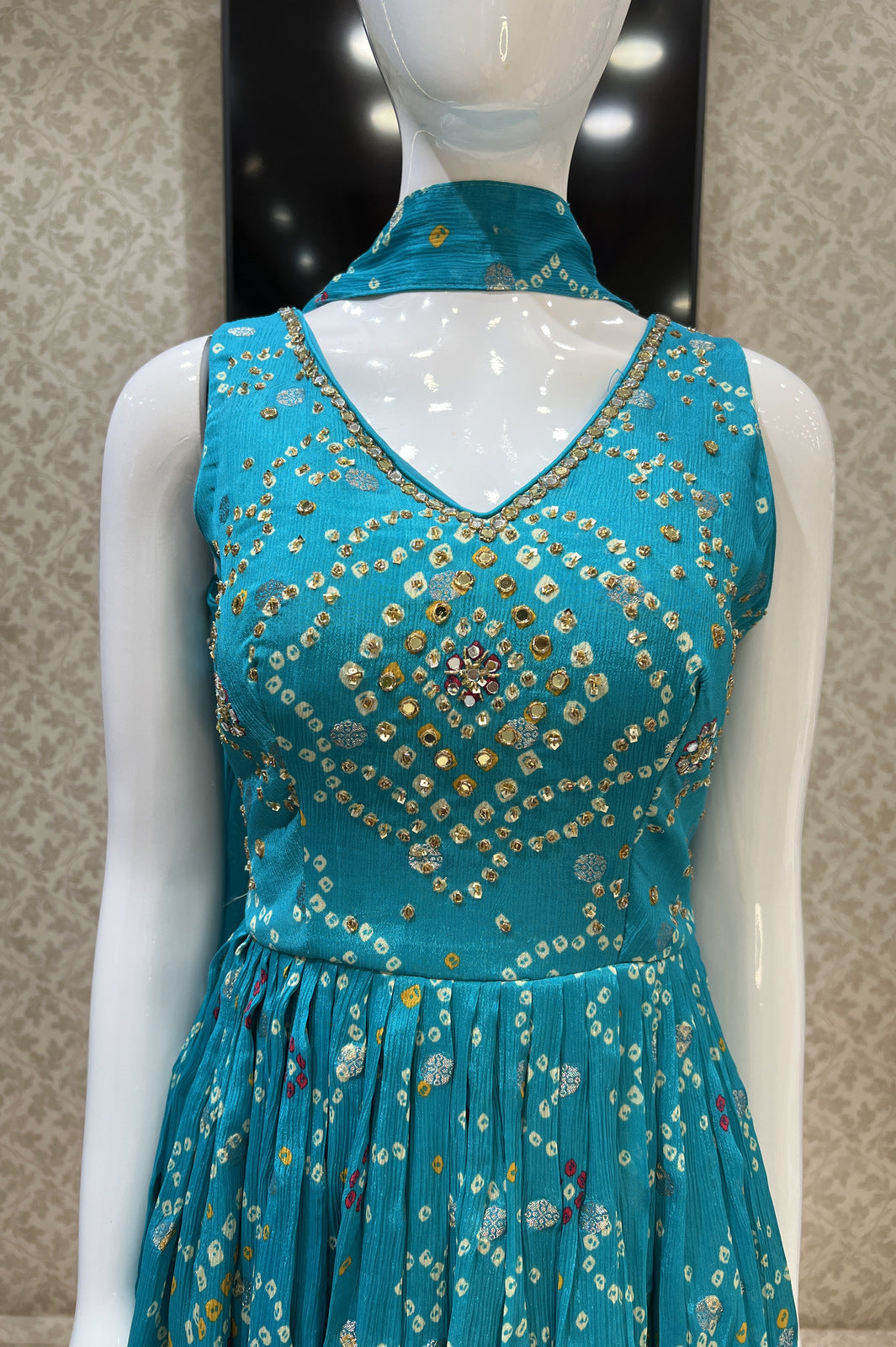 Rama Blue Bandini Print, Mirror, Beads and Zari work Peplum Top with Palazzo Suit Set