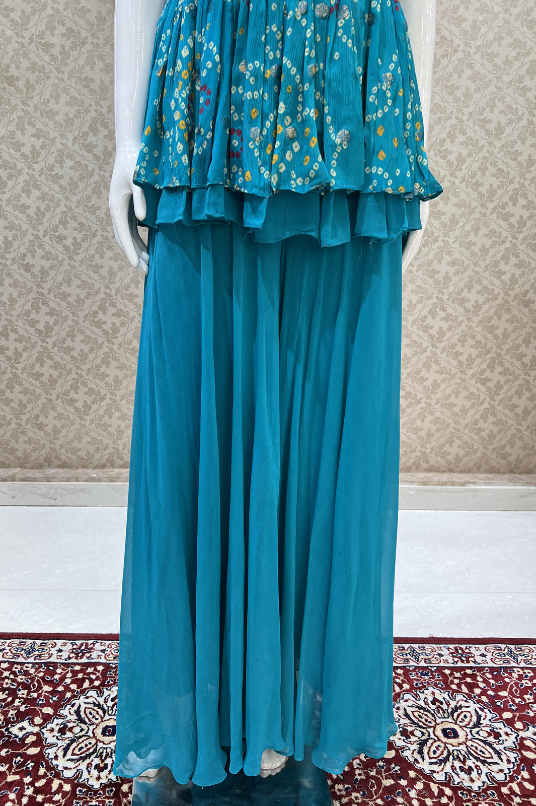 Rama Blue Bandini Print, Mirror, Beads and Zari work Peplum Top with Palazzo Suit Set