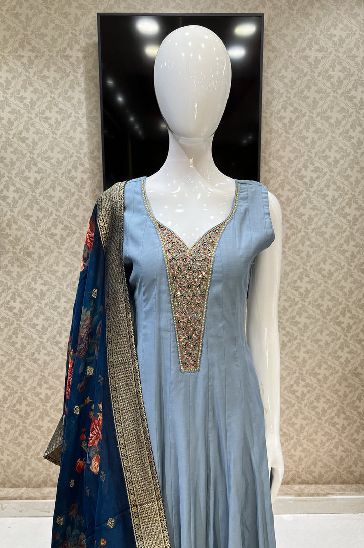 Grey Mirror, Thread and Zari work Anarkali Style Salwar Suit with Palazzo Pant